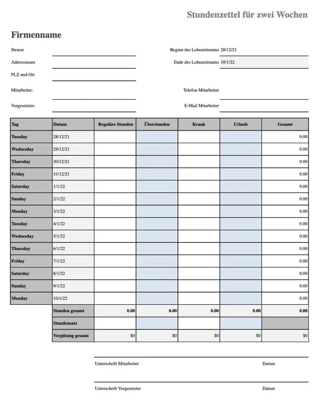 Vorschau der Excel-Vorlage für einen 14-Tage-Stundenzettel mit Krankheit und Urlaub