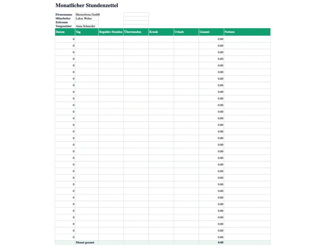 Excel-Vorschau: Monatlicher Stundenzettel
