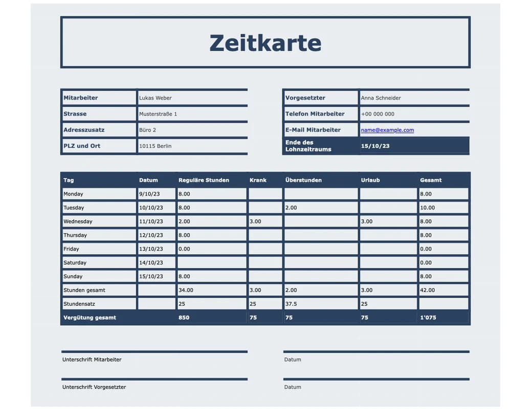 Vorschau der Excel-Vorlage für eine Stechkarte mit Beginn, Ende und Pause