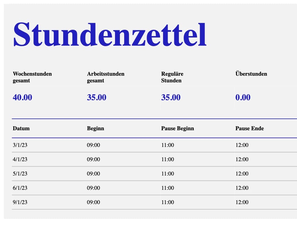 Vorschau der Excel-Vorlage für einen wöchentlichen Stundenzettel