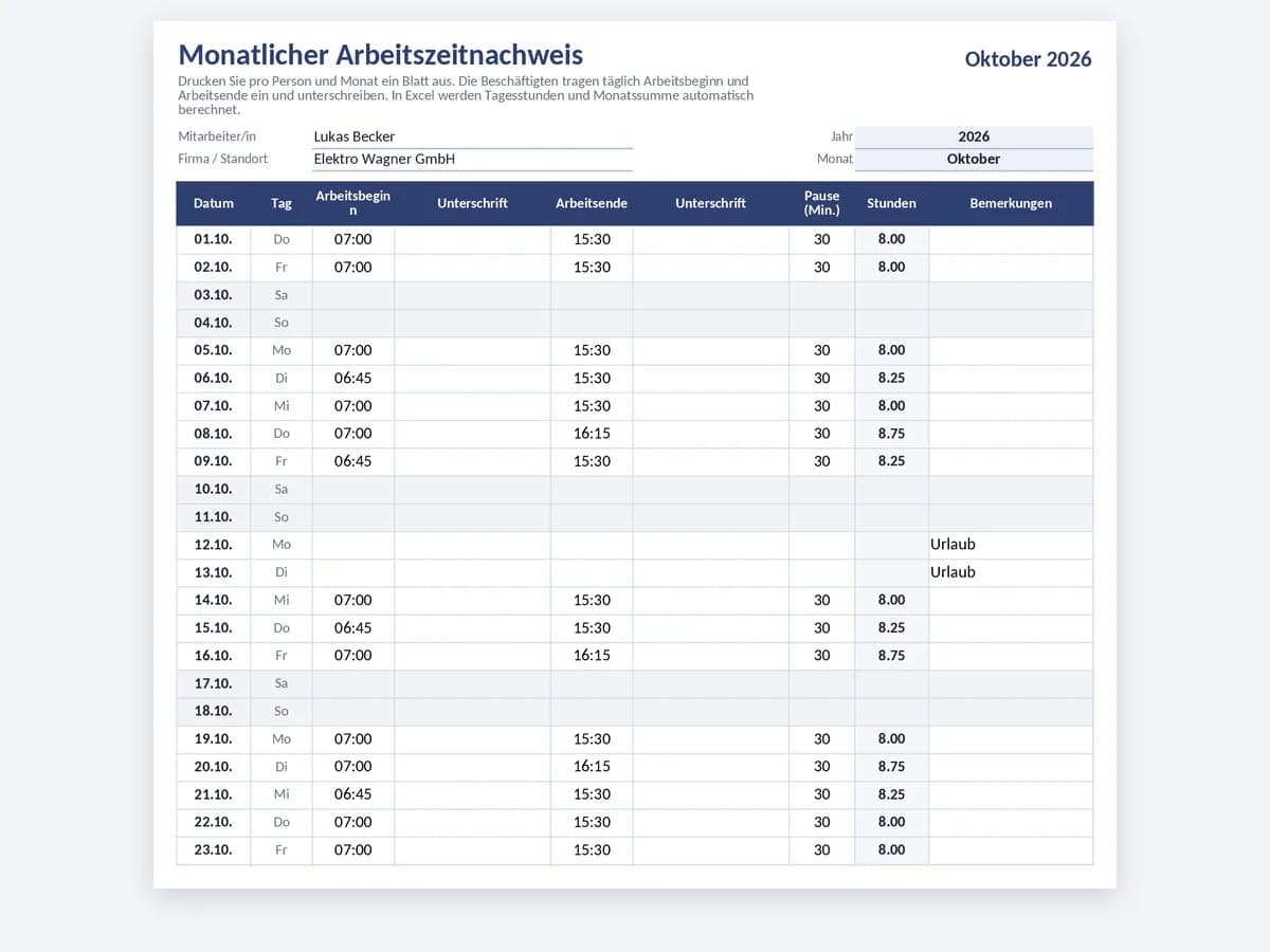 Monatlicher Arbeitszeitnachweis mit Arbeitsbeginn, Arbeitsende und Unterschriftsspalten