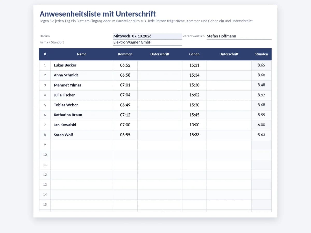 Tägliche Anwesenheitsliste mit Kommen, Gehen und Unterschriften